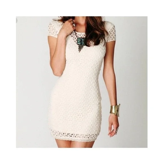 Free People NWT Ivory Crochet Gypsy Boho Scoop Sheath Dress L New - Picture 4 of 12